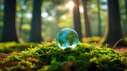 Environmental concept - Crystal globe on green moss in forest to protect nature. Eco-friendly esg conservation care for the earth for sustainability keep the earth clean and ecology. Earth Day