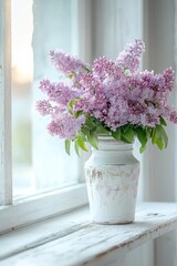 Fototapeta premium fresh lilac blooms resting on a whitewashed table soft light creating a dreamy ambiance cozy spring-inspired pastel color palette
