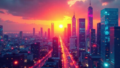 Fototapeta premium Colorful geometric shapes forming a futuristic cityscape at sunset, digital art, digital elements