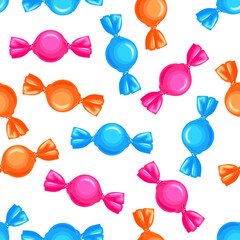 Candy in bright wrappers seamless pattern. Sweets background. Vector cartoon flat illustration.