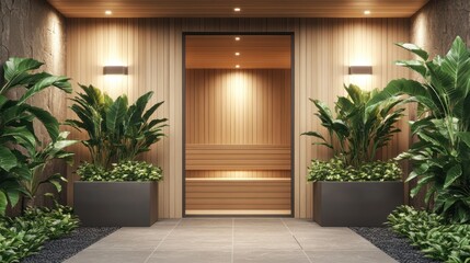 Fototapeta premium Indoor sauna entrance with wood walls, plants on side, soft light used for wellbeing