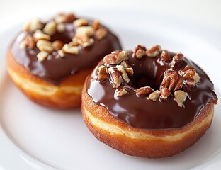 Two chocolate-glazed donuts topped with pecans on a plate