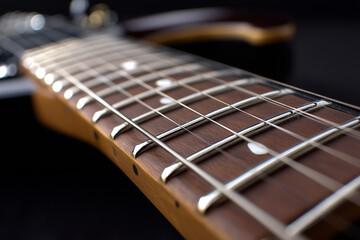 Obraz premium Macro shot of an electric guitar fretboard, highlighting the polished metal strings, smooth wood grain, and precise fret inlays under moody studio lighting