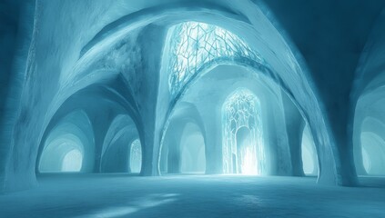 Frozen cathedral-like cavern.  Vast icy arches and intricate patterns create a mystical, otherworldly space