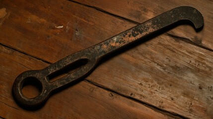 A rusted metal tool resting on a weathered wooden surface