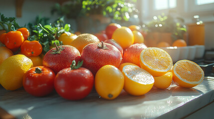Decorative kitchen scene featuring colorful artificial fruits and vegetables on the table