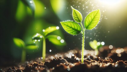 Fresh green leaves, shallow depth of field, symbolic of renewal and growth sprouting plant in sunlight with dew drops