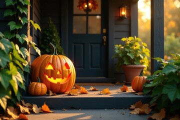 Obraz premium Happy jack-o-lanterns on a porch with vines and leaves surrounding them in the morning light, leaves, pumpkin, vines