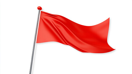 Red blank flag waving on a pole on white background.