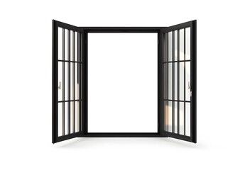 Stylish Black Window Frame with Open Panels and Empty Background