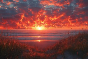Fototapeta premium Sunset over ocean with tall grass in foreground vibrant colors and clouds.