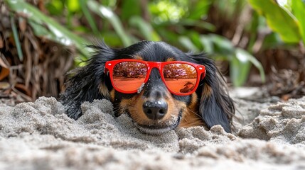 Playful dachshund in red sunglasses buried in sand, radiating joy and carefree summer vibes.
