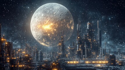 A futuristic cityscape sprawls beneath a giant illuminated moon