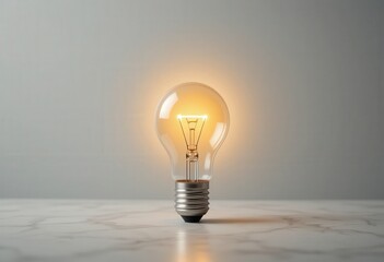 A vintage-style light bulb emits a warm glow, resting atop a rustic wooden table. The soft light casts gentle shadows, creating a cozy atmosphere in a stylish, minimalist room.