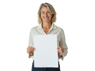 Business portrait isolated on white transparent background: A smiling woman with short, blonde hair holds a blank white sheet of paper against a neutral background, presenting it directly to the vie