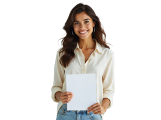 Business portrait isolated on white transparent background: A smiling young woman with wavy brown hair holds a blank white sheet of paper against a plain white background, dressed in a cream-colored