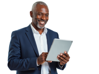 Business portrait isolated on white transparent background: A confident, mature Black man in a navy suit and white shirt smiles while holding a tablet and looking down at its screen.