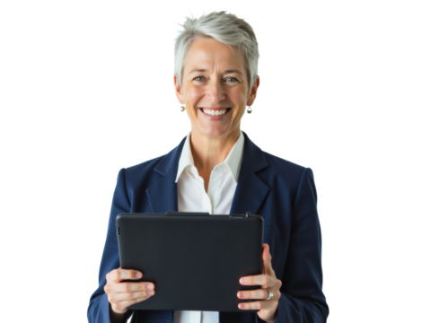 Business portrait isolated on white transparent background: A confident businesswoman with short, silver hair smiles broadly while holding a tablet and wearing a navy blue blazer over a white shirt.