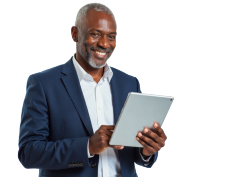 Business portrait isolated on white transparent background: A confident, mature Black man in a navy suit and white shirt smiles while holding a tablet and looking down at its screen.