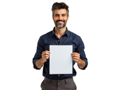 Business portrait isolated on white transparent background: A smiling man with a salt-and-pepper beard confidently holds a blank white sheet of paper in front of him against a clean white background - Powered by Adobe