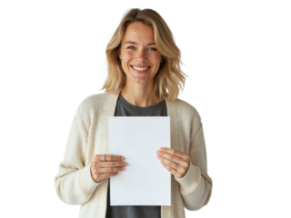 Business portrait isolated on white transparent background: A smiling young woman with blonde hair holds a blank white paper in front of her while wearing a neutral sweater against a plain backgroun
