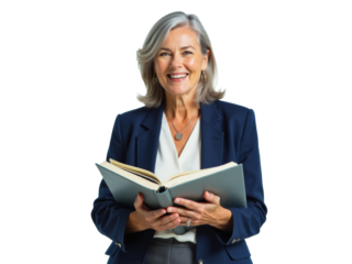Business portrait isolated on white transparent background: A confident, silver-haired woman in a navy blazer smiles warmly while holding an open book, exuding professionalism and knowledge.