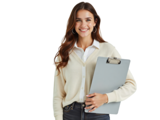Business portrait isolated on white transparent background: A young woman with long brown hair smiles confidently while holding a clipboard against a plain white background.