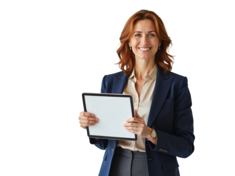 Business portrait isolated on white transparent background: A confident businesswoman with auburn hair smiles warmly while holding a tablet, presenting it towards the viewer in a professional settin