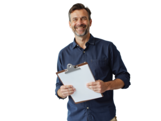 Business portrait isolated on white transparent background: A smiling middle-aged man with graying hair holds a clipboard against a plain white background.