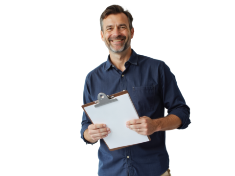 Business portrait isolated on white transparent background: A smiling middle-aged man with graying hair holds a clipboard against a plain white background.