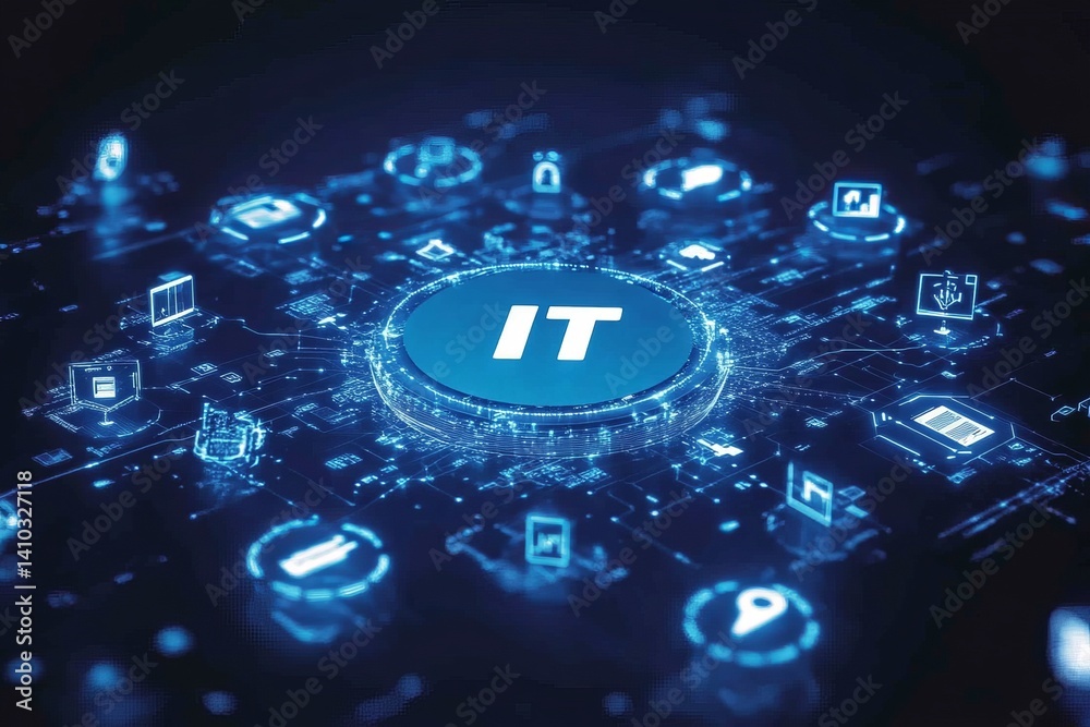 Poster a colorful image of technology with the word it written in white, a digital background with it icons