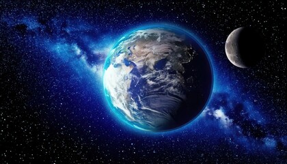 Obraz premium A beautiful view of Earth and the Moon set against a vivid galaxy backdrop filled with stars and cosmic light in space.