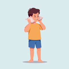 Young boy in orange shirt and blue shorts holding seashells to ears with curious expression flat style vector illustration