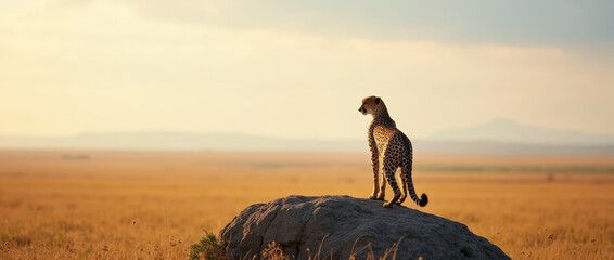 Cheetah Scanning Savannah for Prey from Rocky Hill