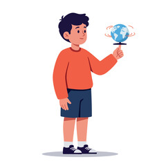 Fototapeta premium Young boy with dark hair balancing spinning globe on finger wearing casual red sweater and blue shorts flat design vector illustration