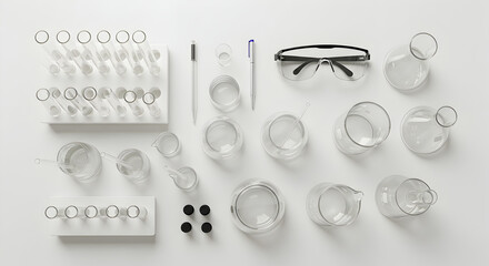 Laboratory Glassware Assortment Arranged On White Backdrop Displaying Scientific Research