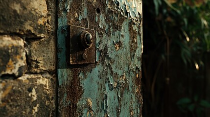 A weathered wall displays a rusty metal plate and button