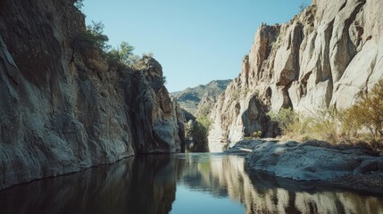 A canyon landscape with water reflecting the surrounding formations