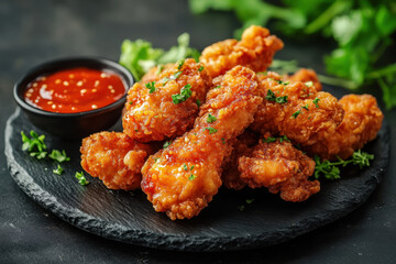 Fototapeta premium Fried chicken wings with sauce on a black plate.