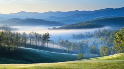 Misty morning landscape featuring green hills and distant mountains with trees