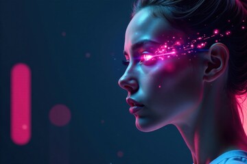 Fototapeta premium Futuristic female figure with cybernetic eye panel on forehead , digital, interface, technology
