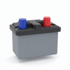 3D Car Battery with Bold Red and Blue Terminals Floating Above White Background