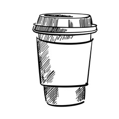 Vintage Hand-Drawn Coffee Cup Illustration: Sketch Ink Graphic of Takeaway Coffee, Black and White Outline, Chocolate Coffee Icon, Vector Drawing for Print, Web