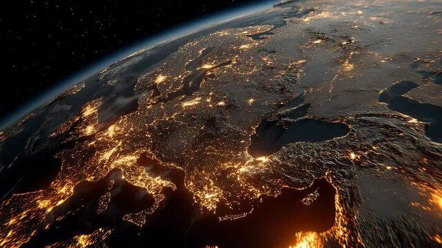 Night view of Europe from space glowing city lights reveal population density advanced civilization global presence and technology in orbit showing beauty and complexity of modern planet Earth