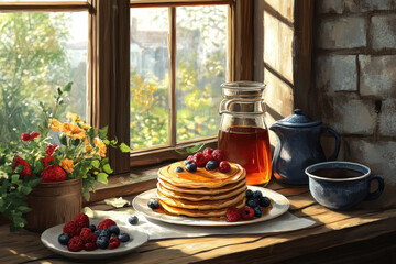 Painting of pancakes and berries on a table, vibrant colors pop against a dark background, capturing a delicious and inviting breakfast scene.