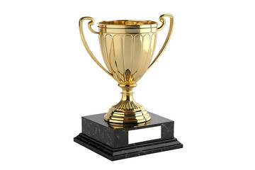 Gold Trophy Cup on Black Base &ndash; Shiny Metallic Victory Award with Symmetrical Handles on Clean Background

