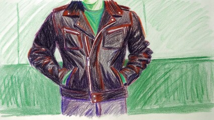 Fototapeta premium Person in a leather jacket posing confidently against a green backdrop 