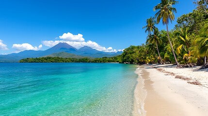 Naklejka premium Scenic Tropical Beach Paradise: Pristine Sand, Turquoise Water, Palm Trees, and Mountain Views Under a Clear Blue Sky.