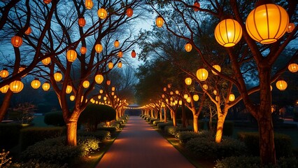 A serene pathway lined with trees adorned with glowing lanterns, creating a warm and inviting atmosphere under the twilight sky. The scene exudes tranquility and charm, perfect for a peaceful evening 