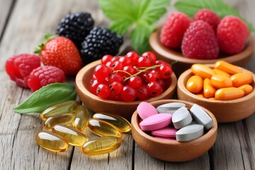 Vitamins and supplements with berries providing natural health benefits